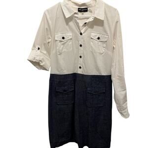 Karl Lagerfeld Paris Women's Colorblock Shirt Dress - White/Navy - Size 8
